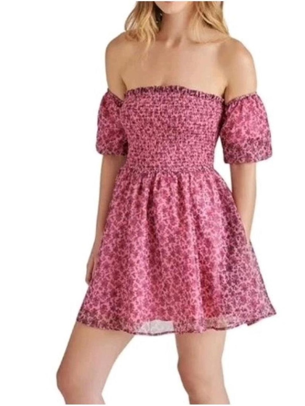 Betsey Johnson Feminine Pink Floral Smocked Puff-Sleeve Mini Dress Plus Size XXL